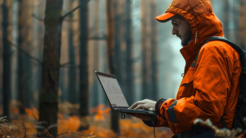 A man using directional communications software on his laptop