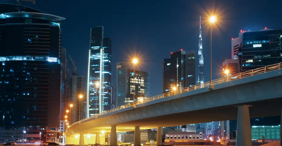 City Skyline above a motorway at night