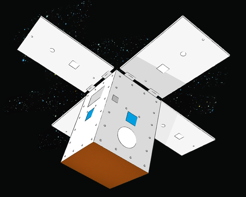 Concept image of satellite components showing Plextek Radars and Aphelion’s Deployable Debris Shielding.